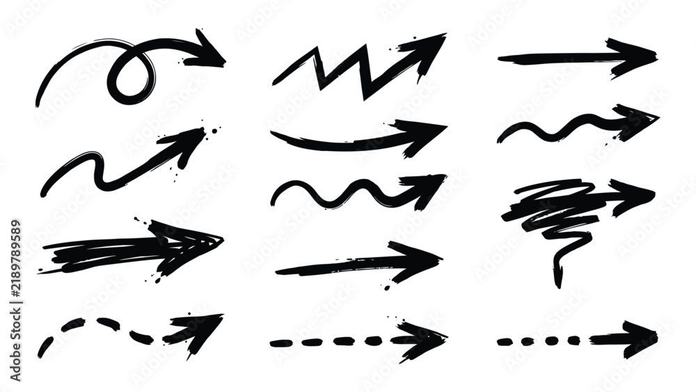 Fototapeta premium Collection of hand drawn arrows in various styles isolated on a white background for design elements