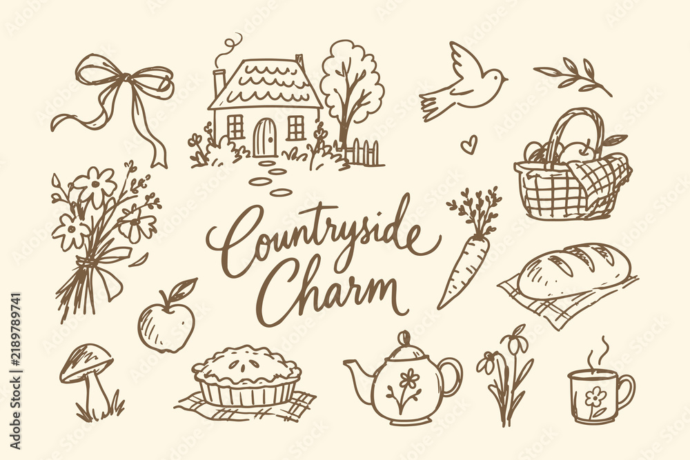 Obraz premium Countryside Charm Hand Drawn Rural Cottage Doodle Set