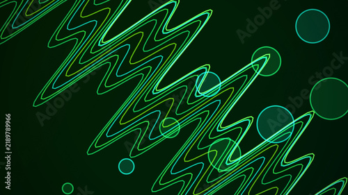Abstract Neon Green Sound Wave Graphic with Circular Elements on Dark Background for Digital Technology Design