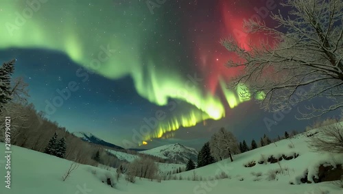 Captivating 4K anamorphic low-light recording of a remote winter landscape under a night sky dancing with wide sweeping green and red aurora borealis light waves moving slowly over snow-covered