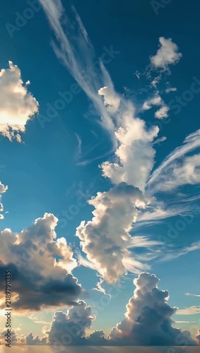 High-definition sky time-lapse in 4K tracking multiple layers of wispy cirrus and thick cumulus clouds moving in different directions across a deep blue sky illuminated by the sun