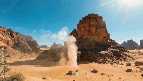 Cinematic 4K desert landscape video showcasing towering ancient rock structures rising out of the soft orange sand dunes under an unclouded brilliant daytime sky