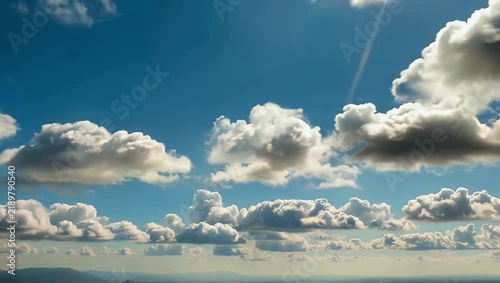 High-quality 4K cloudscape time-lapse showing grand brilliant white clouds tracking majestically across a vast expanse of pure blue sky suitable for nature backgrounds and environmental themes