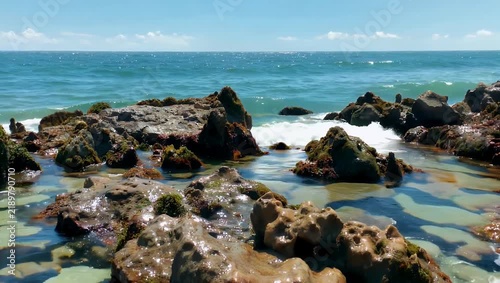 Serene 4K coastal landscape asset showing a detailed view of ancient coral rock formations embedded along the beach shoreline as calm ocean waves break gently over the wet sunlit stones