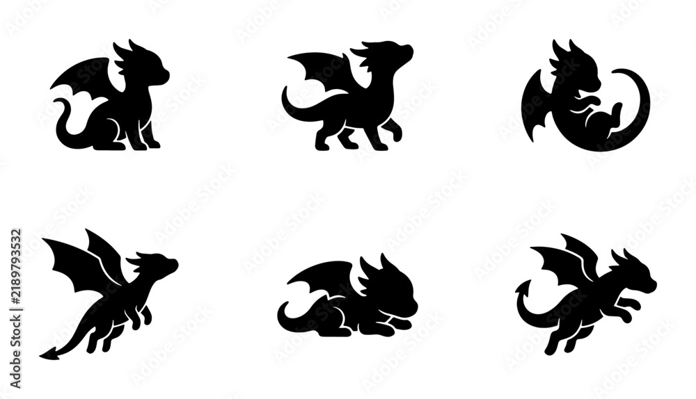 Obraz premium Cute Baby Dragon Silhouettes, Mythical Creature Vector Icons, Fantasy Animal Set