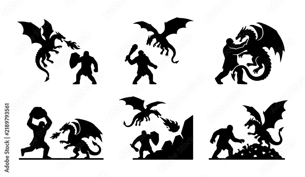 Obraz premium Fantasy Battle Icons: Dragon vs Giant Silhouettes, Mythical Combat Vector Set