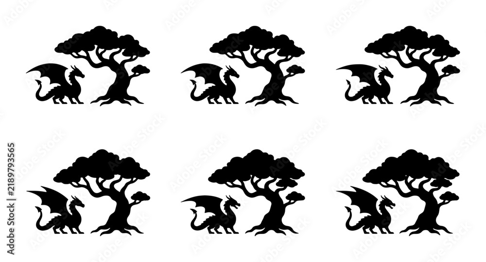 Fototapeta premium Mythical Dragon and Ancient Tree Silhouettes, Fantasy Creature Icons, Dark Forest Elements, Enchanted Woodland Graphics