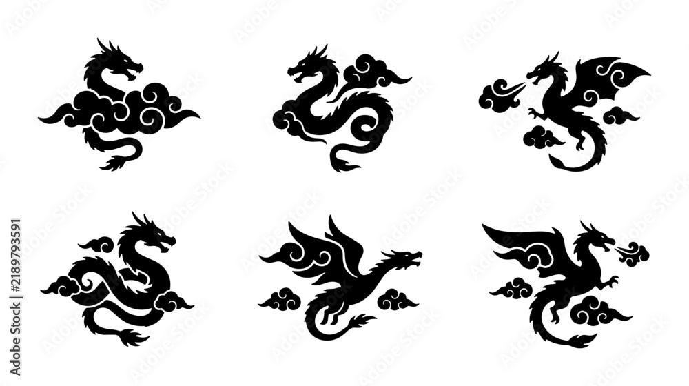 Obraz premium Black Dragon Silhouettes, Mythical Creatures, Asian Folklore Icons, Cloud Elements, Vector Art Set