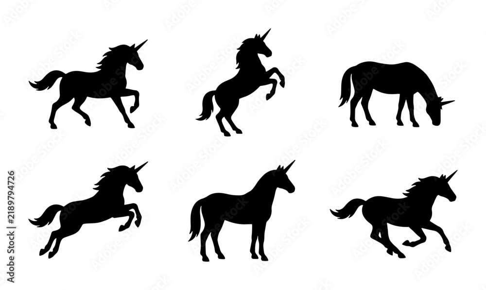 Obraz premium Six Silhouette Unicorns, Mythical Creatures, Fantasy Animals, Magical Equine Icons, Vector Graphics