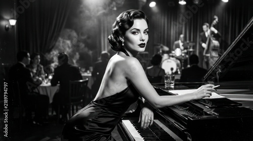 Vintage jazz singer at piano in monochrome