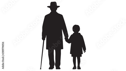 Silhouette of grandfather and granddaughter holding hands against a white background elderly
