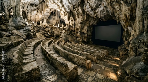 Ancient Stone Cave Cinema with Empty Curved Rock Seating