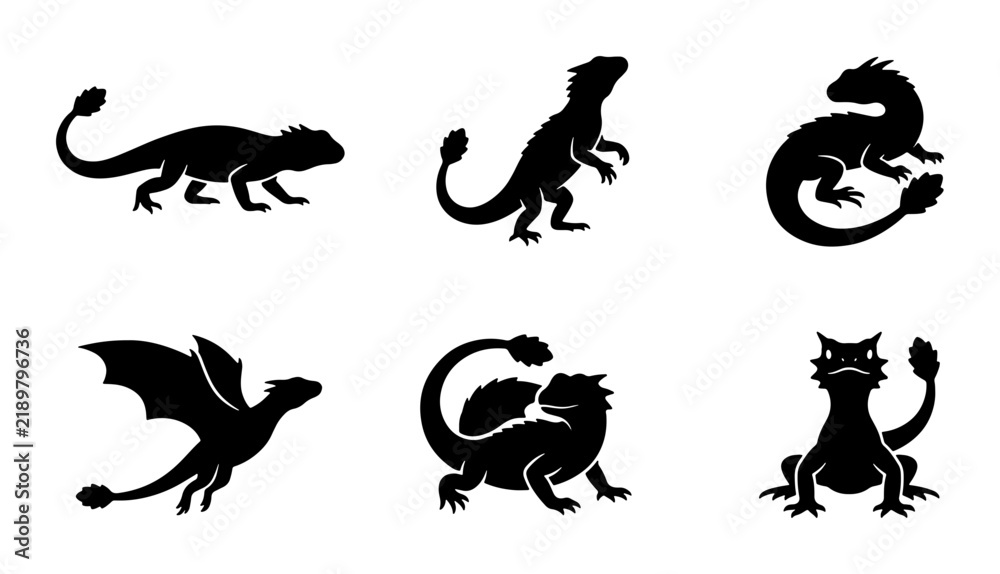 Obraz premium Mythical Dragon Silhouettes, Fantasy Creature Vector Icons, Reptilian Beast Graphics