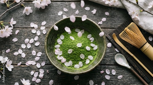 Cherry blossoms falling on a bowl of matcha tea, preparing for a mindful moment