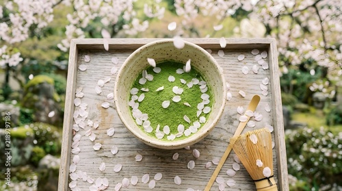 Matcha Green Tea Bowl with Falling Cherry Blossoms in Zen Garden
