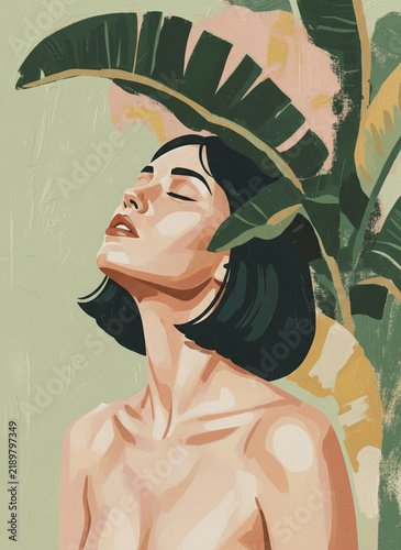 A refined portrait of a young woman, her eyes closed, resting and devoting time to herself.