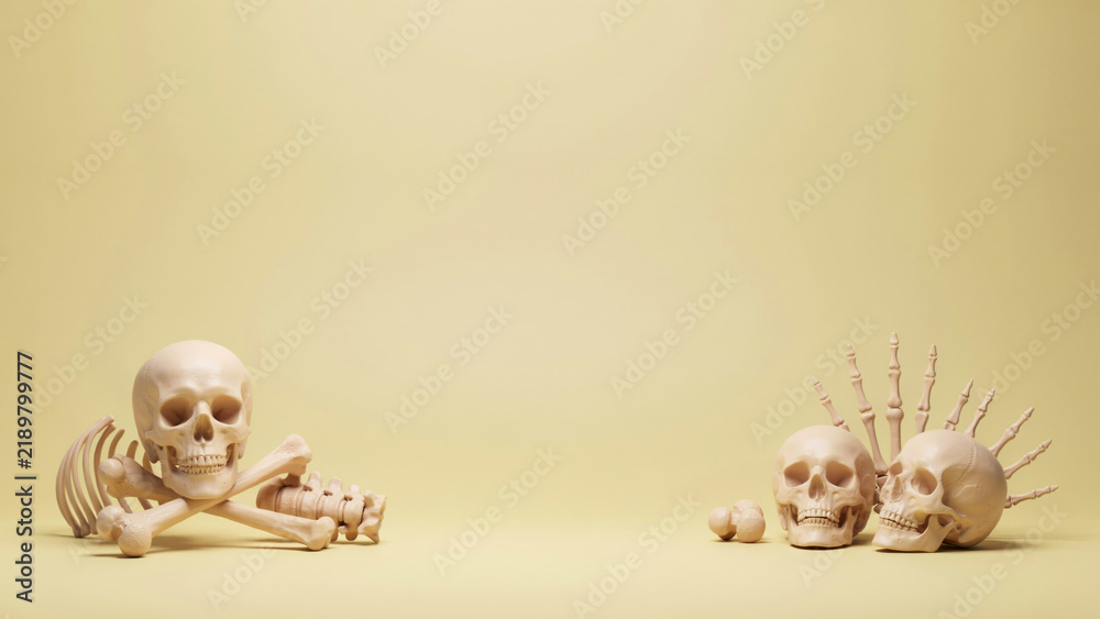 Obraz premium 3D Render Human Skulls Bones Skeleton Anatomy Beige Background Minimalist