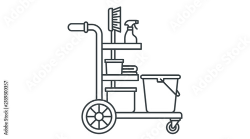 Minimalist cleaning cart icon showcasing essential housekeeping supplies with bold black lines on white background