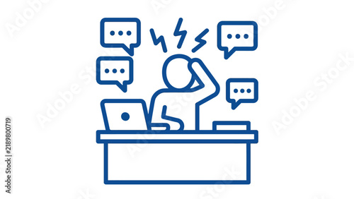 Stressed professional person experiencing overwhelming workplace burnout with excessive communication and digital information overload blue icon