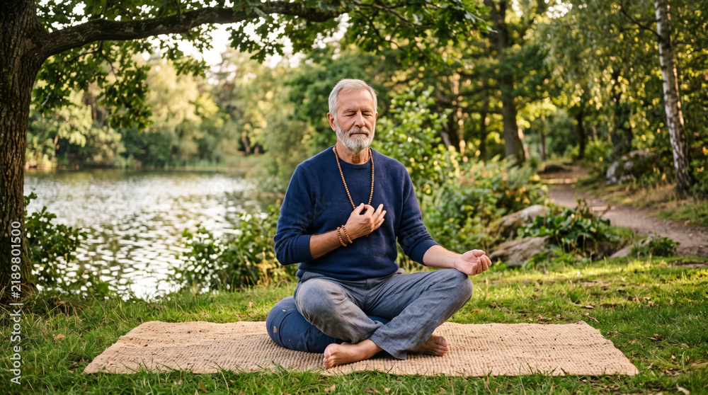 Obraz premium Elderly man meditating peacefully by a tranquil lake in a lush green forest setting