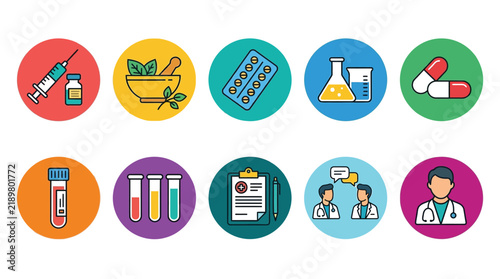 Colorful medical icons set featuring various healthcare symbols for hospitals clinics and professional pharmaceutical design projects