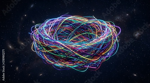 Abstract colorful neon fiber optic bird nest floating in deep space galaxy