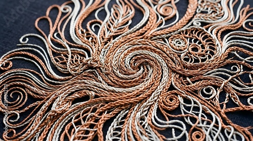 Intricate copper and silver fibers swirling abstract pattern design