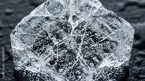Close-up of a textured, cracked ice surface with trapped air bubbles