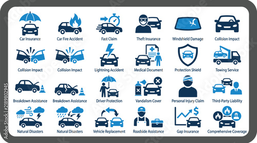 Car insurance icons set illustrating various vehicle accidents, roadside assistance, and essential automotive protection policy coverage