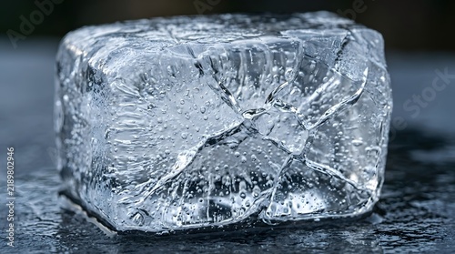 Close up of clear cracked ice block with frozen air bubbles