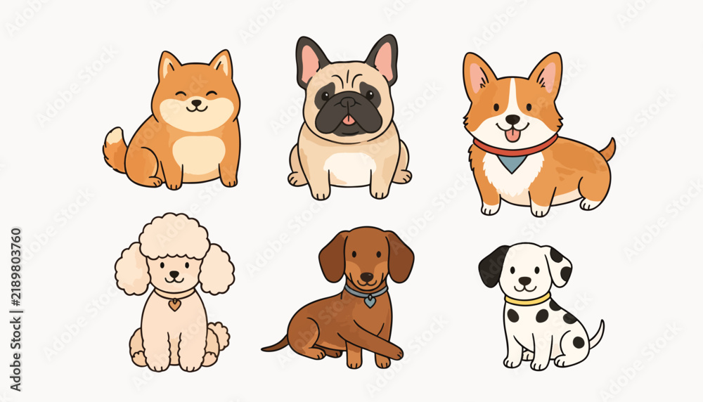 Obraz premium Cute cartoon dogs collection various breeds illustration