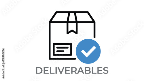 Cardboard delivery box icon featuring a blue checkmark symbol representing completed tasks and professional project deliverables