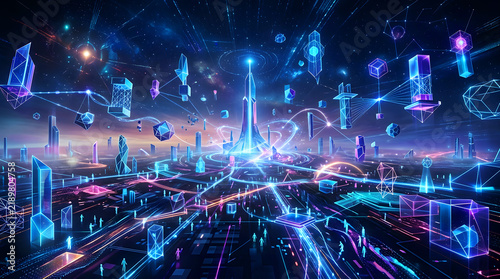 Futuristic neon cityscape with hovering structures and glowing data streams in digital metaverse futuristic city neon lights cyberpunk city digital world