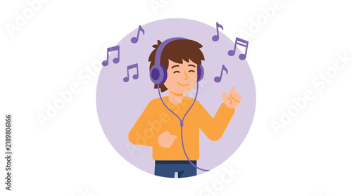 Happy young boy wearing large purple headphones listening to upbeat music in a flat vector style