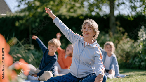 Energetic elderly grandmother in tracksuit does stretching exercises on a yoga mat in a sunny garden while three grandchildren copy her poses poorly and giggle, active aging and