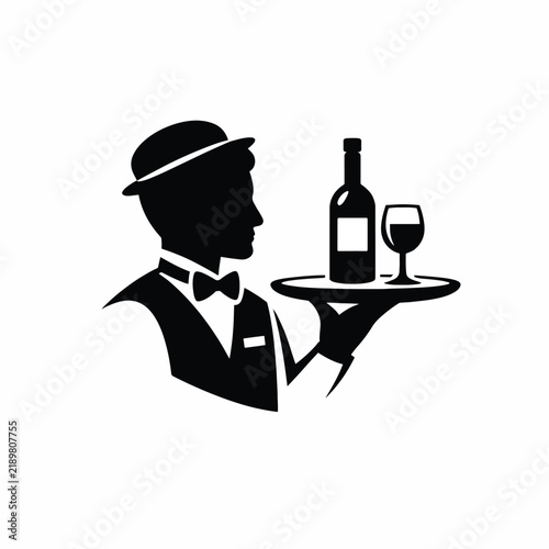 Silhouette waiter serving wine and bottle on tray