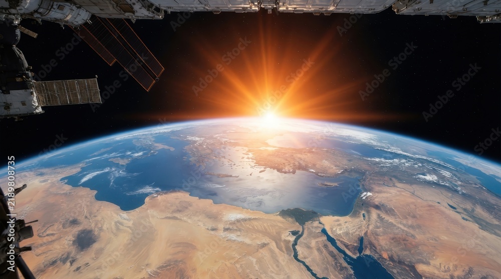 Fototapeta premium Sunrise over planet Earth viewed from space with a space station in foreground