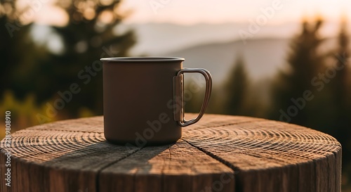 Mug of hot beverage placed on rustic wooden table during golden hour in forest setting with copy space