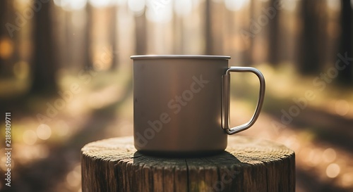 Sturdy insulated travel mug resting on rustic wooden stump in serene forest setting with golden hour lighting
