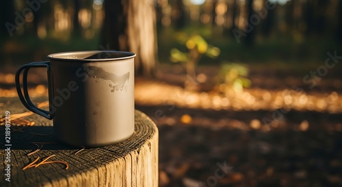 Person enjoying hot beverage from insulated mug during outdoor forest break with natural sunlight