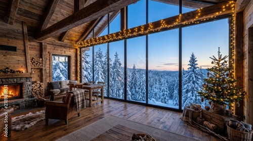 Festive Fir Tree in a Cabin with Panoramic Glass Wall
