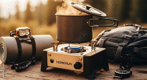 Outdoor camping setup featuring portable stove, coffee maker, and insulated water bottles on wooden table