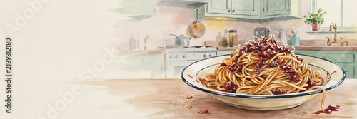 Spaghetti alla Bolognese is an Italian dish, pasta topped with a thick meat sauce made from beef, vegetables, and tomatoes, slowly stewed with the addition of wine. A banner with space for text. 