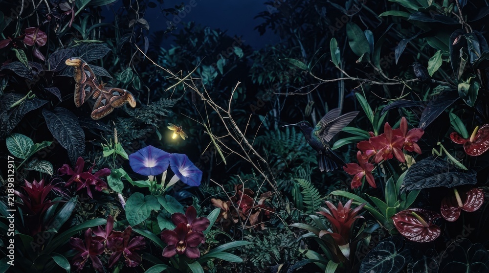 Obraz premium Nighttime jungle scene with glowing firefly, moth, hummingbird and exotic flowers