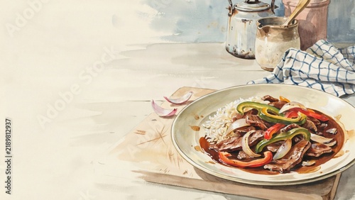 Lomo Saltado is a dish of Peruvian cuisine: juicy strips of beef tenderloin, quickly fried with onions, sweet peppers, and tomatoes in soy sauce, and served with white rice. Photo with space for text.