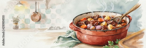 Beef bourguignon is a dish of French cuisine: pieces of beef stewed in a thick sauce made from red wine, with the addition of mushrooms, shallots, and bacon. A banner with space for text. 