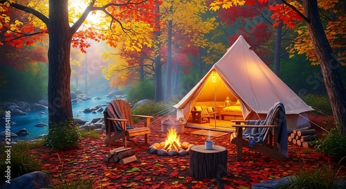 Outdoor camping setup with fire pit and tent in autumn forest during golden hour