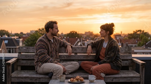 Couple enjoys sunset conversation on rooftop with cityscape view and coffee