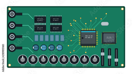 Foto Audio mixer circuit board with jacks, potentiometers and operational amplifiers