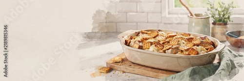 Moussaka is a dish of Greek cuisine, consisting of layered baked eggplants, minced meat in tomato sauce, and a delicate creamy béchamel. A banner with space for text. 